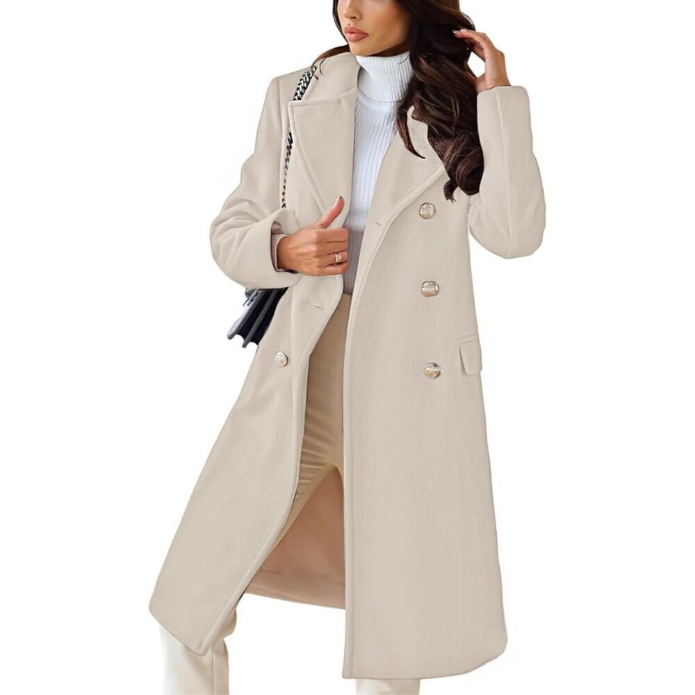 🆕Women Light Beig WinterJacket Double-Breasted Wool Blend Warm Long Trench Coat